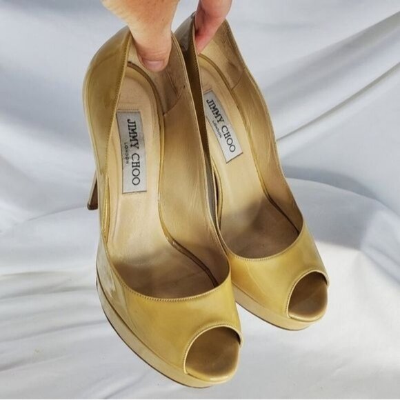 Jimmy Choo Patent Leather Luna “Nude” Tan Crown Open Toe Platform Pump Heel, 37 - Picture 3 of 14